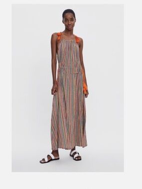 Zara Multicolor Striped Maxi Dress with Orange Tie Straps Beautiful 🤩